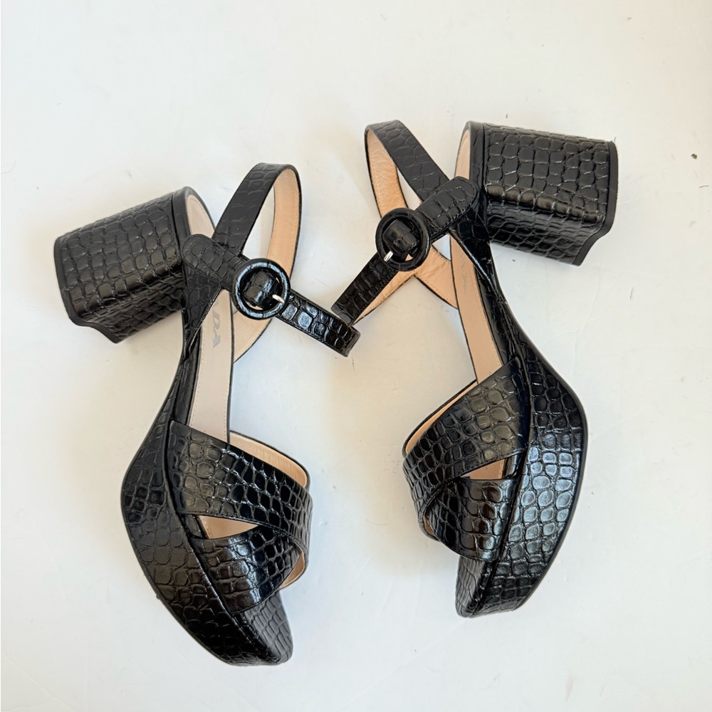 Prada Black Embossed Croc effect leather Quarter strap platform sandals EU 38 - Picture 4 of 9